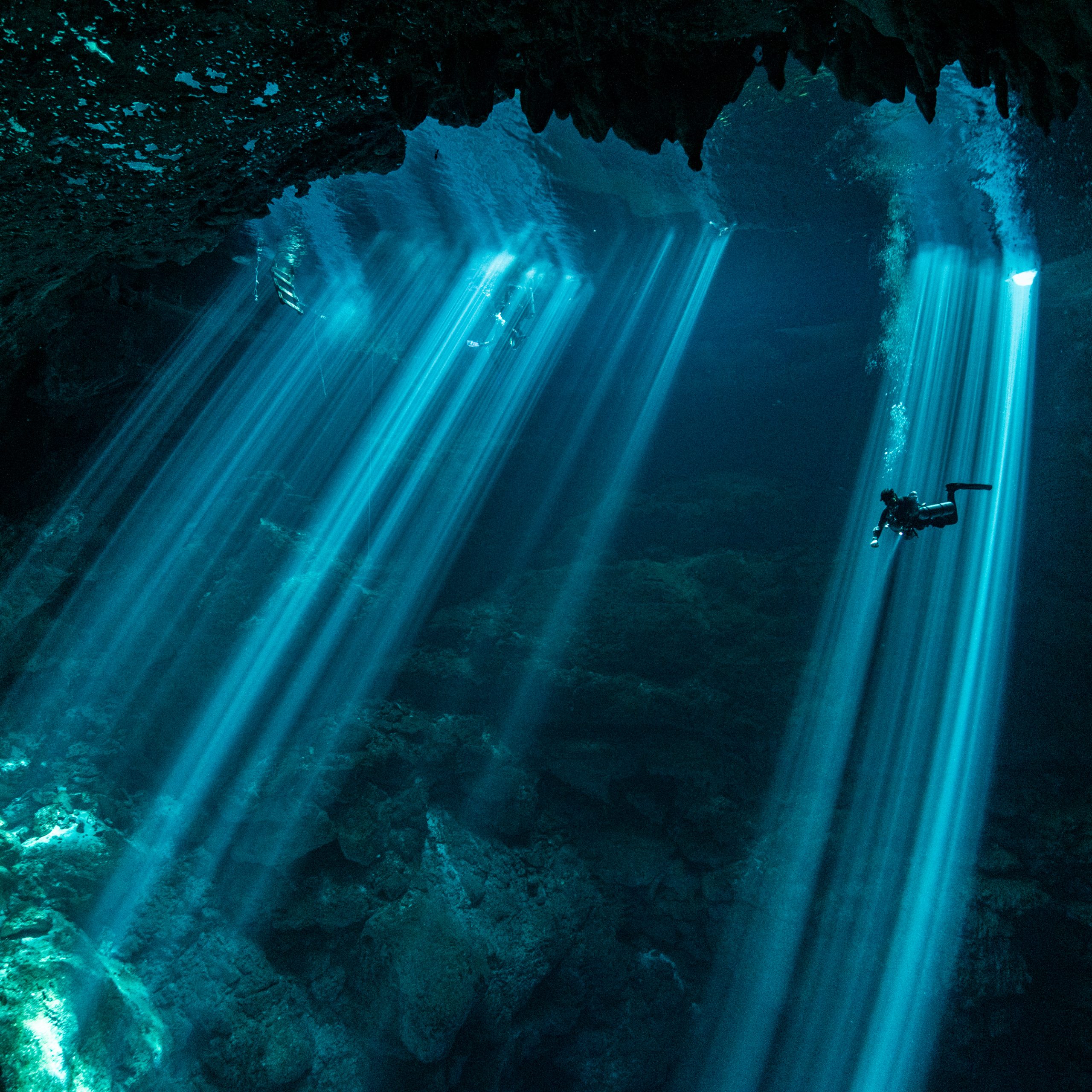 0006131-1 Taucher mit schönem Lichteinfall unter Wasser in einer Cenote in Mexiko.